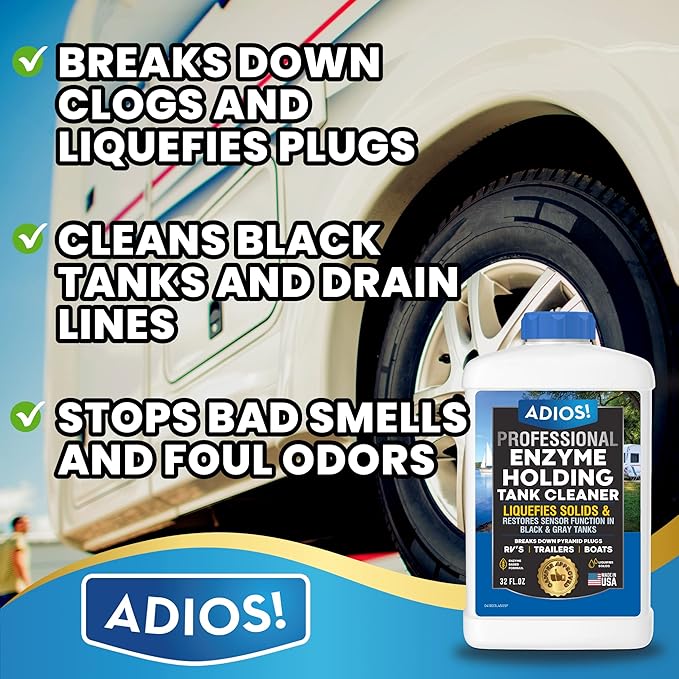 ADIOS! RV Black and Grey Tank Treament Kit - Stops Odors, Cleans Holding Tanks with Powerful Enzyme Action - Set of 32oz Bottles