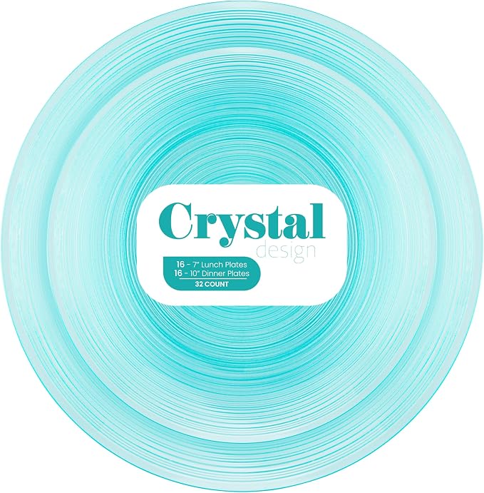 PLASTICPRO 128 Pieces Crystal Design Plastic Plates Combo Pack 7 inch and 10 inch Gold Rim Elegant Disposable Plates, Transparent Aqua Blue