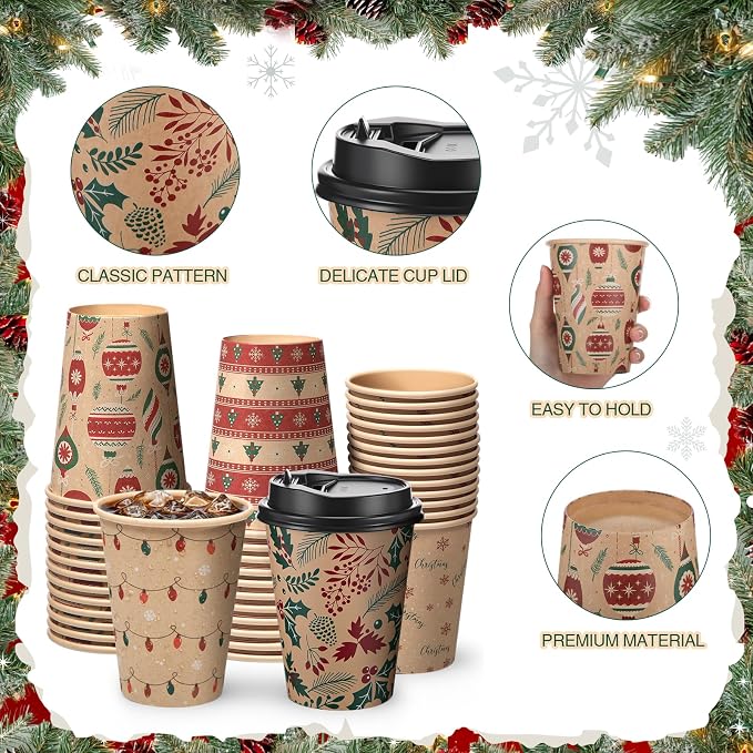 FoldTier 100 Pcs 12 oz Christmas Paper Cups with Lids Xmas Disposable Coffee Cups Holiday Kraft Paper Drinking Xmas Party Drinkware Supplies for Holiday Cocoa Beverage Cold Hot Drinks (Classic 1)