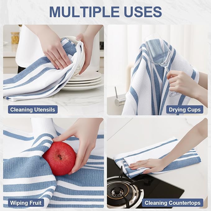 Homaxy Premium Kitchen Towels 18”x 28”, Large Cotton 380 GSM Kitchen Hand Towels, Stripe and Terry Dish Towel, Highly Absorbent Tea Towel Set with Hanging Loop, 3 Pack, Navy Blue