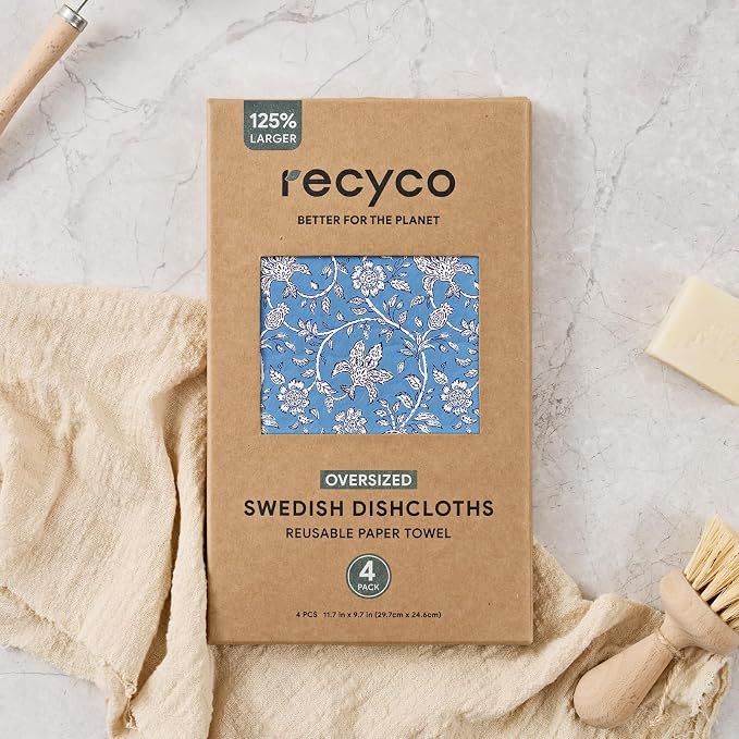 RECYCO Swedish Dishcloths for Kitchen | 4 Pack Oversized Washable Dish Rags | Large Cellulose Reusable Cleaning Paper Towels | Absorbent Counter Dish Cloth Sponge XL Kitchen Wipes, 12" L x 10" W