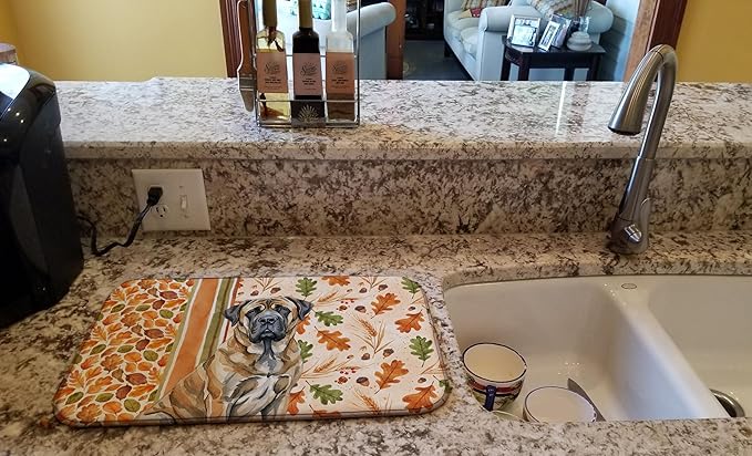 Caroline's Treasures Brindle English Mastiff Heirloom Fall Dish Drying Mat Absorbent Dish Drying Mat Pad for Kitchen Counter Dish Drainer Mat for Countertop, 14 x 21", Multicolor