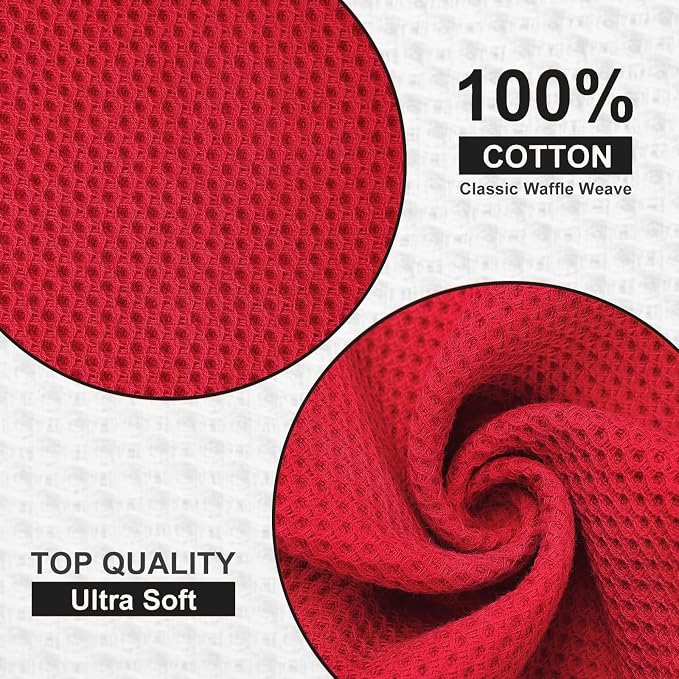 Kitinjoy 100% Cotton Kitchen Dish Cloths (12 X 12 Inches, Red), 8 Pack Waffle Weave Ultra Soft Absorbent Dish Towels for Drying Dishes Quick Drying Kitchen Towels Dish Rags