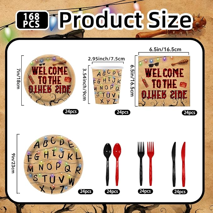 168pcs Spooky Rustic Alphabet Birthday Party Supplies Disposable Retro Colorful Light Bulbs Party Decorations Retro Scary House Run Themed Plates Napkins for Boys Girls Birthday Decor Serve 24