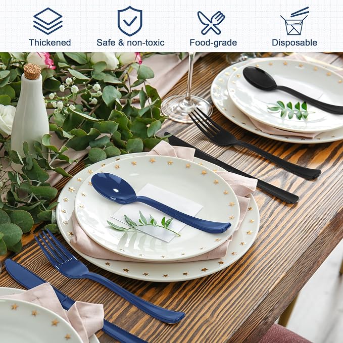 Kochorie 300Pcs Black & Blue Graduation Disposable Plastic Silverware, Heavy Duty Cutlery Set, Premium Flatware Include Forks Knives Spoons for Graduation Party Supplies & Congrats Grad Events