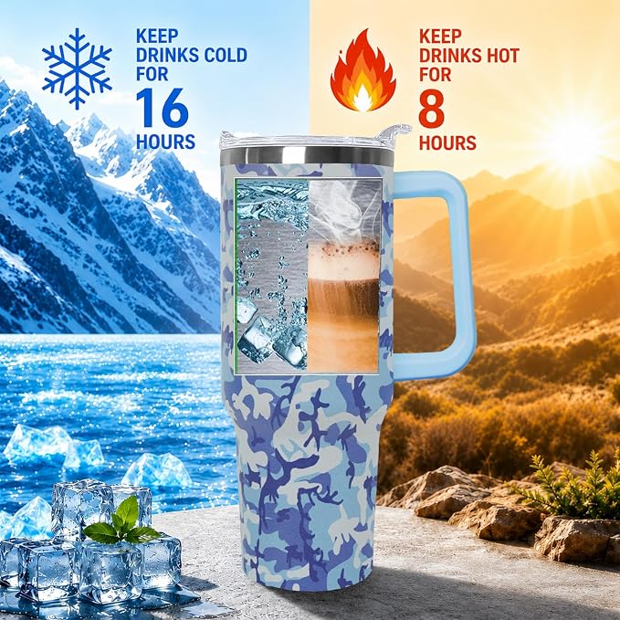 Ceovfoi 40oz Blue Camo Tumbler with Handle Lid Straw, Vacuum Insulated Coffee Mug Water Bottle, Camouflage Decor Gifts for Men Women