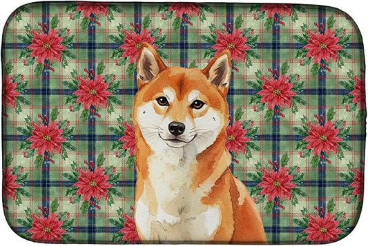 Caroline's Treasures Red Shiba Inu Christmas PoinsettIas Dish Drying Mat Absorbent Dish Drying Mat Pad for Kitchen Counter Dish Drainer Mat for Countertop, 14 x 21", Multicolor