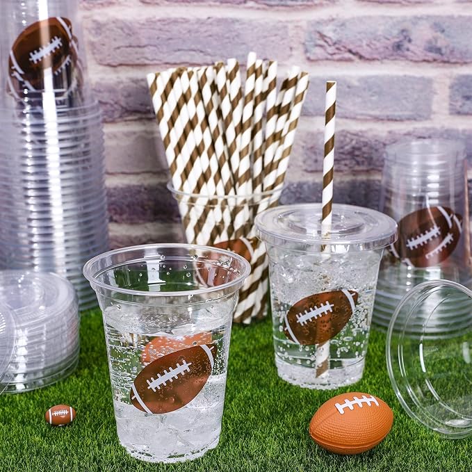 Whaline 50Pcs Football Disposable Plastic Cups with Lids and Straws 12oz Sports Themed Party Cups Cold Beverage Drinking Cups for Sports Team Player Game Day Birthday Party Supplies