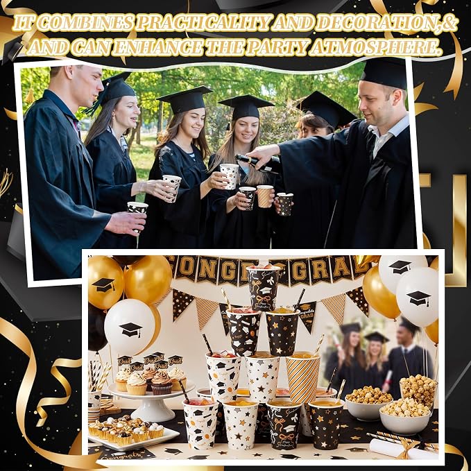 FoldTier 100 Pcs Class of 2026 Graduation Disposable Coffee Cups with Lids 12 oz Graduation Paper Cups Black White Gold Disposable Party Drinkware for Hot Cold Beverages