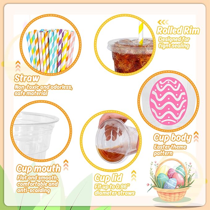 Whaline 60Pcs Easter Disposable Plastic Cups with Lids and Straws 12Oz Colorful Egg Pattern Cold Beverage Drinking Cup for Spring Holiday Birthday Party