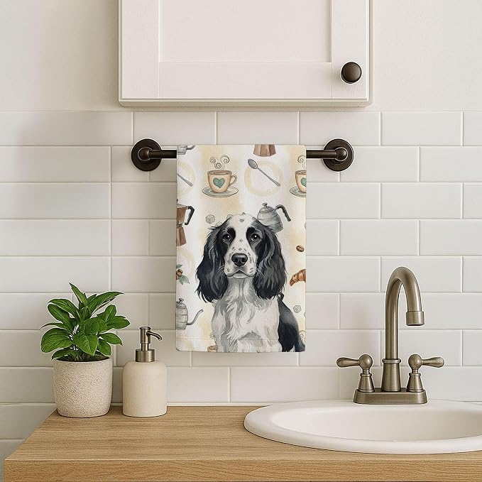 Caroline's Treasures Black and White English Springer Spaniel Coffee Bar Kitchen Towel Velour Plush Front and Cotton Loop Back Machine Washable