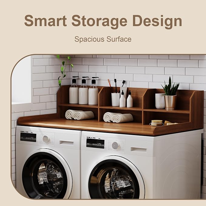 ChooChoo 2-Tier Washer Dryer Countertop with Adjustable Shelf, Spacious Laundry Room Storage for Folding Clothes and Efficient Organization, Walnut