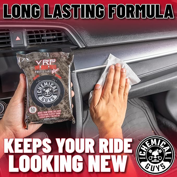 Chemical Guys PMWTVD10750 VRP Shine and Protectant Wipes Mega 100 Pack, For Vinyl, Rubber and Plastic Non-Greasy Dry-to-the-Touch Long Lasting Super Shine Dressing for Tires, Trim and More, (50 Ct)