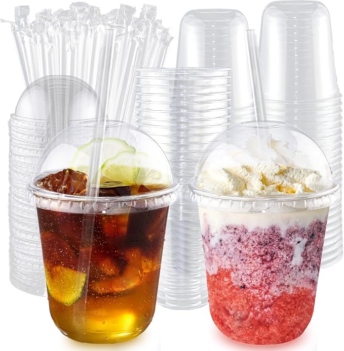 Qsqwsuye 50 Set 12 oz Disposable Clear Plastic Cups with Dome Lids and Straws, Durable Plastic Party Cups for Iced Coffee, Milk Tea, Assorted Beverages, Perfect for Parties, Wedding, Festival Events