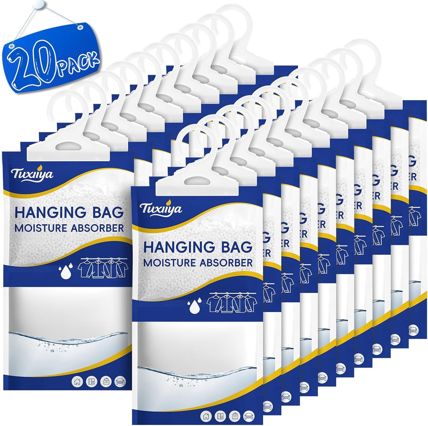 20 Pack Moisture Absorbers Packets,Hanging Closet Dehumidifier Bags,Humidity Packs, Desiccant,Moisture Absorbing Bags for Closet,Wardrobes,Bedrooms, Bathrooms(Net Wt. 230g/Pack)