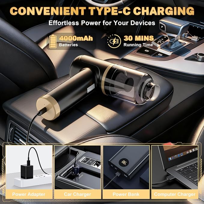 Cozylady Cordless Car Vacuum Cleaner, 30000PA Brushless Handheld Vacuum, 6-in-1 Rechargeable & Portable Handheld Vacuum Cleaner for Auto Interior, Pet Hair, Home, Office, Kitchen
