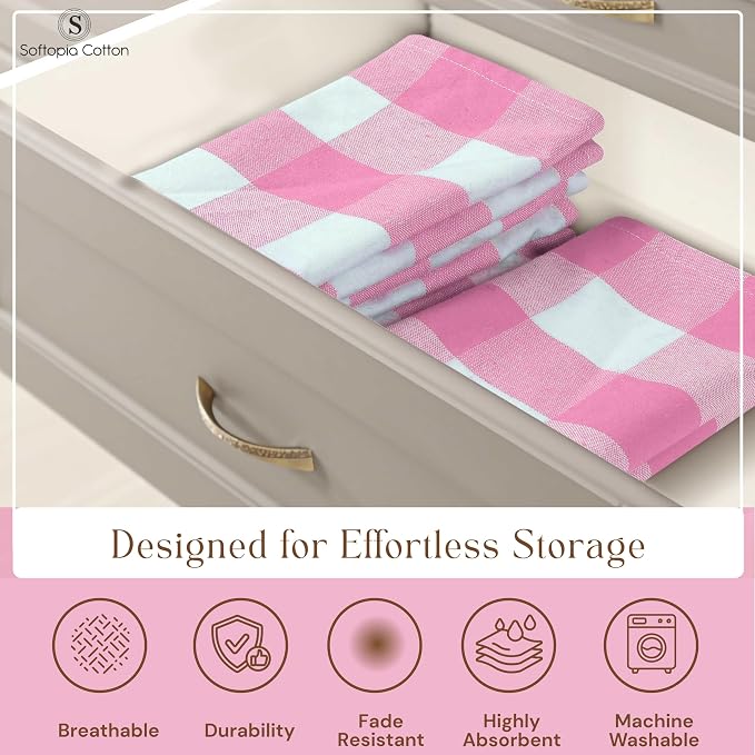 Buffalo Check 4 Pack Kitchen Towels, 16"x26", Plaid Dish Towels, 100% Cotton, Absorbent, Washable, Everyday Kitchen Essentials, Soft Cloths for Cleaning, Drying Hands, Pink White