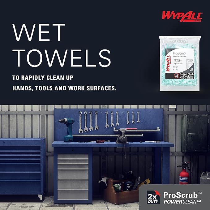 WypAll PowerClean ProScrub Heavy Duty Wet Towels (91367), Dual Action Cleaning, Large 9.5" x 12" Wipes, Refill Only (6 Packs of 75 Sheets, 450 Sheet Total)