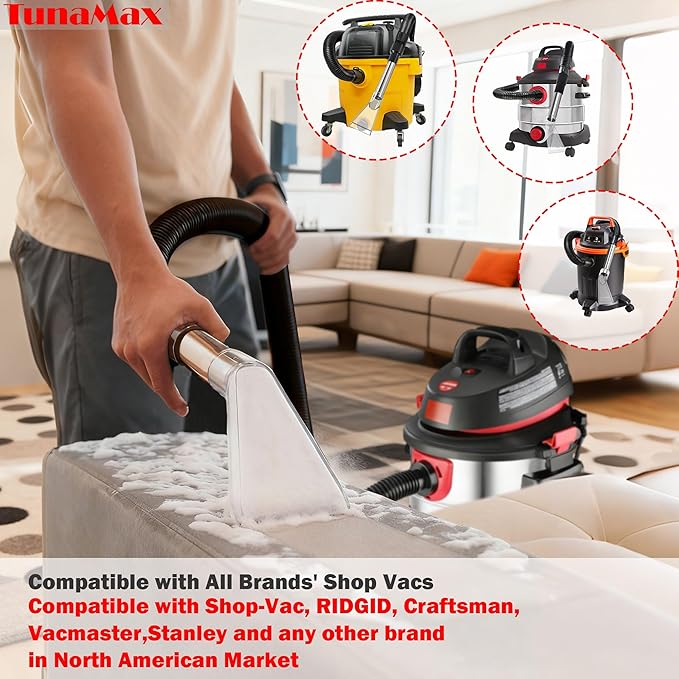 TunaMax Universal Work with All Shop Vacs with 2-1/2" & 1-7/8" & 1-1/4" Three Adapters Clear Extractor Attachment for Carpet Cleaning & Auto Detailing, Extraction Accessory for Wet Vacuum Cleaners