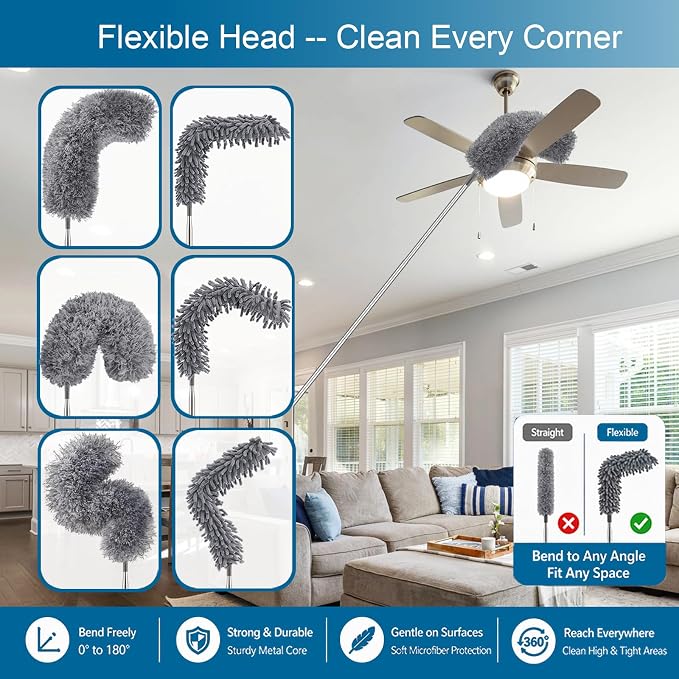 Microfiber Feather Duster, Duster with Extension Pole 30-100 Inches,Ceiling Fan Cleaner Duster Retractable Gap Dust Brush Cleaner for Cleaning Cobweb,High Ceiling,Blinds, (Dark Gray)