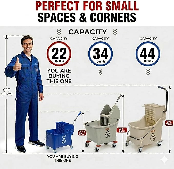 MATTHEW Cleaning Blue 22Quart Compact Mop Bucket INCL.2 Pcs Mop Head with Side Press Wringer On Wheels,Tandem Portable Floor Cleaning Wavebrake,Ideal for Household,Industrial,Restaurant,Janitorial Use