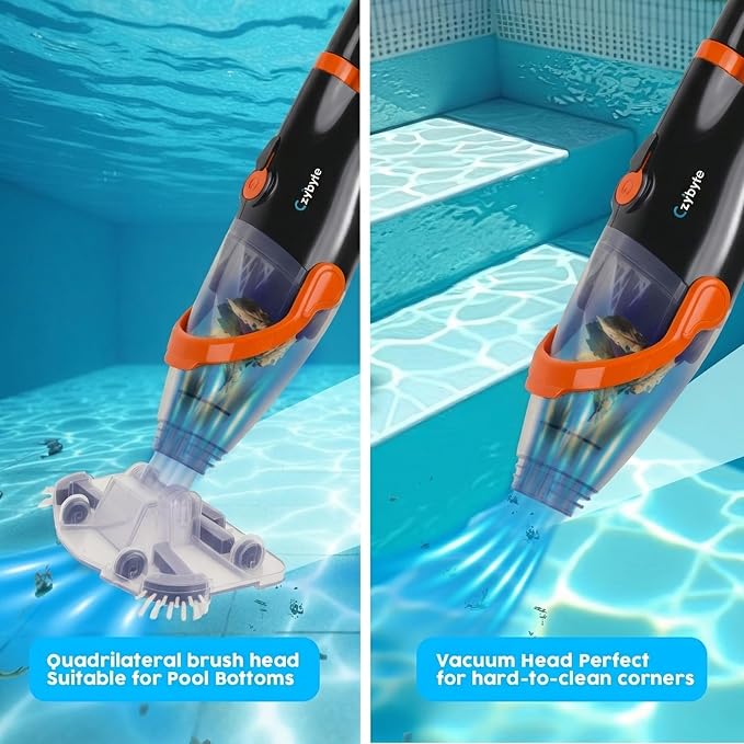 Handheld Pool Vacuum Cleaner, Rechargeable Pool Bottom Cleaner with Strong Suction, 1 H Runtime, 89 inchs Extension Pole,for Above Ground/Inground Pools, Spas and Hot Tubs, Orange and White