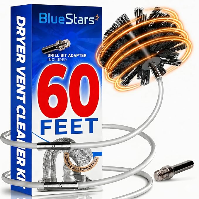 BlueStars 60-Feet Dryer Vent Cleaner Kit with Drill Attachment — Flexible Lint Remover Brush, Extends Up to 60 ft, Works with or Without Power Drill