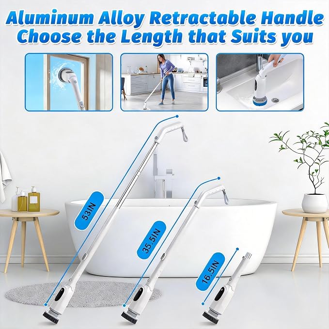 Electric Spin Scrubber, Cordless Shower Scrubber with Adjustable Long Handle, 3 Speeds with IPX7 Bathroom Scrubber, 8 Brush Heads, Electric Cleaning Brush for Bathroom/Kitchen/Bathtub/Crack/Floor/Tile
