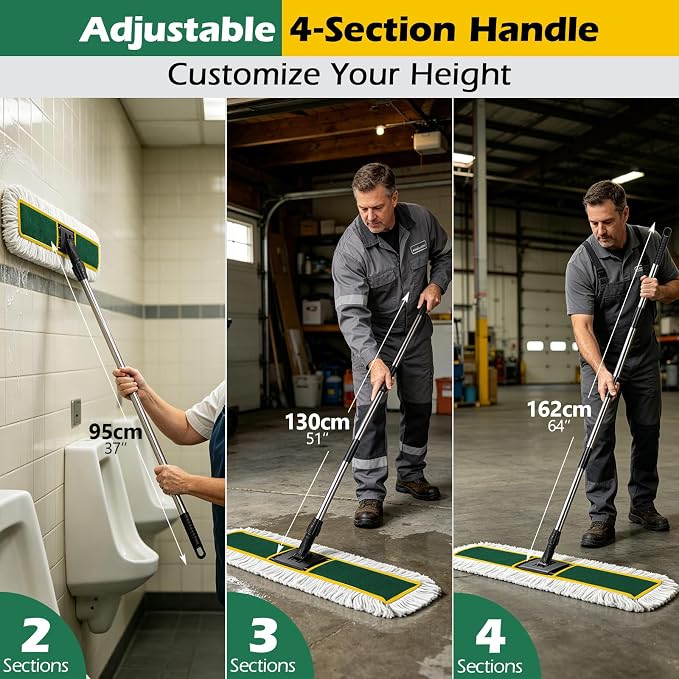 MASTERTOP 40" Commercial Dust Mop for Floor Cleaning, Heavy Duty Flat Mop | Industrial 64" Long Handle Push Broom with 2 Cotton Pads for Hardwood, Tile, Laminate, Concrete, Warehouse & Gym Cleaning