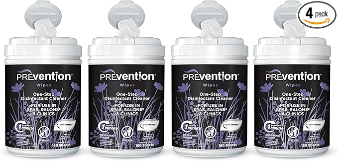 Prevention All Purpose Disinfectant Wipes – Canister of Cleaning Wipes for Salons, Spas, Wellness Centers and Yoga Studios – Hospital Grade Surface Sanitizing – 160 Count (4 Pack)