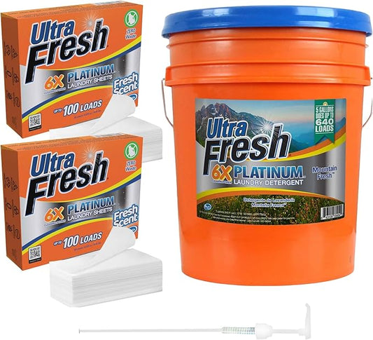 Ultra Fresh 6X Platinum 5 Gal Laundry Detergent, Mountain Fresh Bundled with 2 Pack Platinum 6X Laundry Detergent Sheets with Fresh Scent