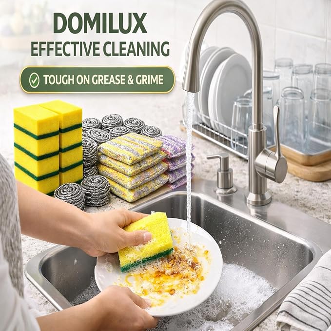30 PCS Kitchen Cleaning Sponge Set, Heavy Duty Non Scratch Scrubber Pack with Sponges, Steel Wool Scrubbers & Scouring Pads for Dishes, Pots, Pans & Multi Surface Cleaning.