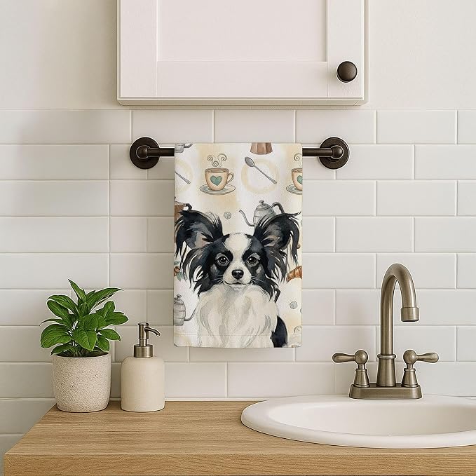 Caroline's Treasures Black and White Papillon Coffee Bar Kitchen Towel Velour Plush Front and Cotton Loop Back Machine Washable