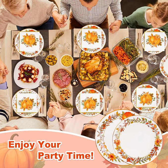 200Pcs Fall Paper Plates and Napkins Set,Thanksgiving and Pumpkin Plates Disposable Dinnerware,for Autumn Celebrations, Thanksgiving Day and Harvest Festival,Serve 50 Guests