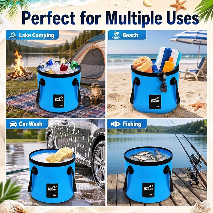 5 Gallon 4 Pack Collapsible Bucket, Foldable Water Bucket with Handles, Portable Camping Buckets for Fishing, Hiking, Cleaning, Outdoor & Travel Use (Blue)