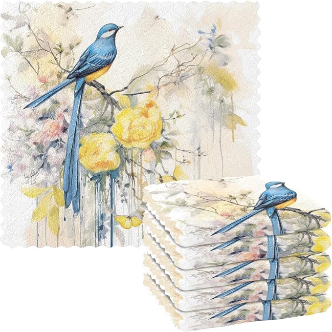 ALAZA Dish Towels - Absorbent Kitchen Cloths, Blue Bird with Yellow Flowers Butterflies Pattern, Soft Lint Free Bar Tea Towels, Set of 6, 11"x11"