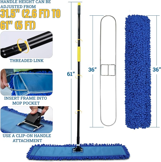 KLEEN HANDLER 36" Microfiber Dust Mop with Frame and 61" Extendable Clip-On Handle (2 Mop Heads, 1 Frame, 1 Handle), Commercial Dust Mop Kit for Floor Cleaning