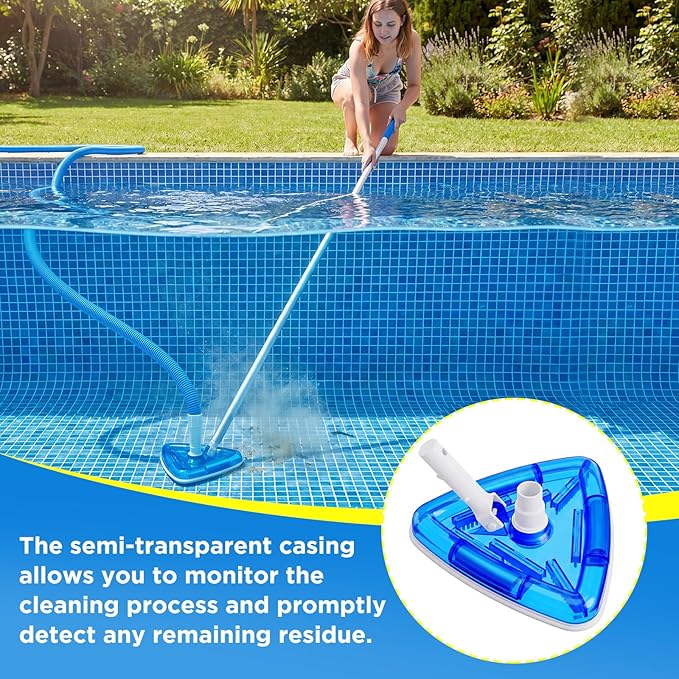 Qinyoung 3 Pcs Swimming Pond Cleaning Kit, 1-1/4 Inch x 18 ft Pool Vacuum Hose with Swivel Cuff Triangular Weighted Pool Vacuum Head Connect 1-1/4" or 1-1/2" Hose and 4 ft 4-Section Telescopic Pole