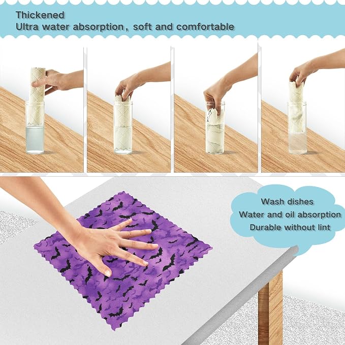 Puprle Bats Kitchen Towels Dish Cloths Set of 6 Microfiber Cleaning Cloths for Cars Super Absorbent Machine