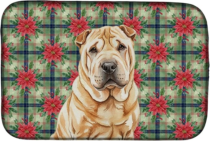 Caroline's Treasures Red Shar Pei Christmas PoinsettIas Dish Drying Mat Absorbent Dish Drying Mat Pad for Kitchen Counter Dish Drainer Mat for Countertop, 14 x 21", Multicolor