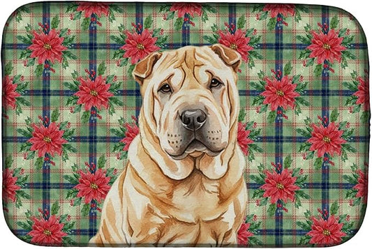 Caroline's Treasures Red Shar Pei Christmas PoinsettIas Dish Drying Mat Absorbent Dish Drying Mat Pad for Kitchen Counter Dish Drainer Mat for Countertop, 14 x 21", Multicolor