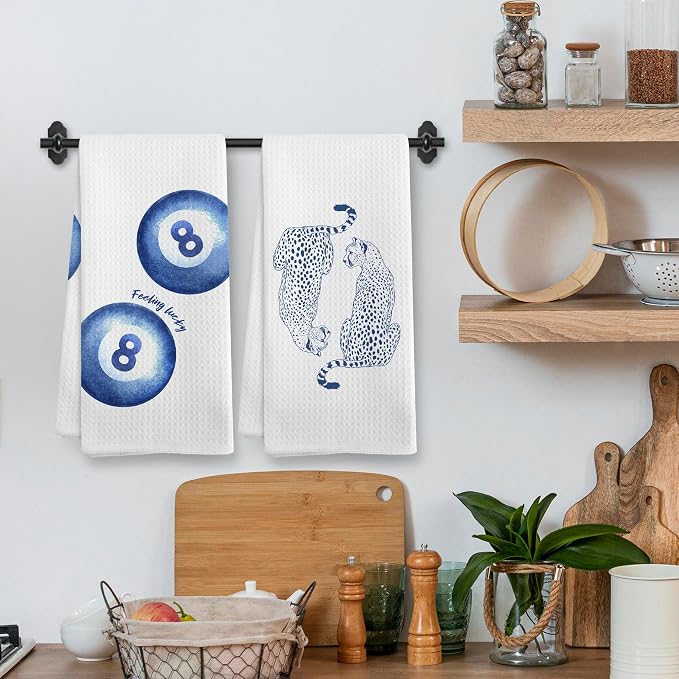 Trendy Leopard Cheetah Print Lucky 8 Ball Bathroom Room Decor, Preppy Blue Leopard Decor Dish Hand Tea Towels for Bathroom Kitchen Sets of 2, Cheetah Kitchen Towels and Dishcloths, 16x24 Inch
