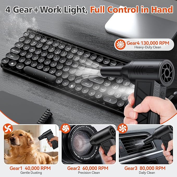 Electric Air Duster, High-Speed Cordless Air Blower with 3 Magnetic Nozzles, 130000RPM Motor, 4 Speeds & LED Light, 5000mAh Rechargeable Battery for Computer, Keyboard, Camera, Car, Home