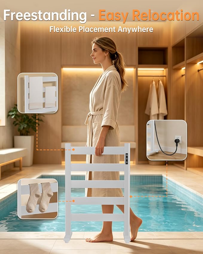 5-Bar Freestanding Towel Warmer, Adjustable Temperature 110–170°F, Timer and Auto Shut-Off, Fast Heating in 10 Minutes, Durable Space Aluminum, Wide Bars, Matte White for Bathroom and Spa