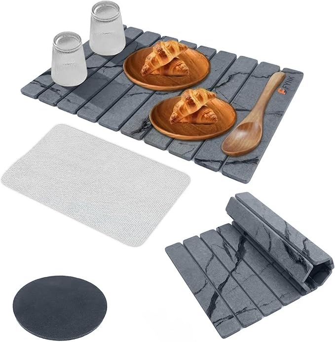 Stone Drying Mat for Kitchen Counter - Large Slats Dark Gray Foldable Diatomaceous Earth Dish Drying Mat | oldable and Super Absorbent Dish Drying Stone Mat (10 Slats - Large)