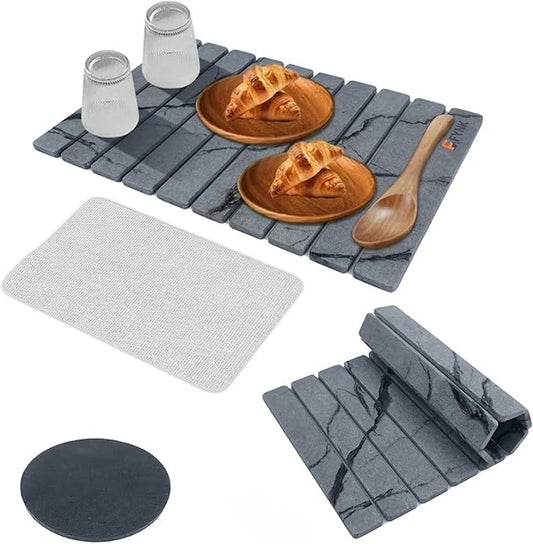 Stone Drying Mat for Kitchen Counter - Large Slats Dark Gray Foldable Diatomaceous Earth Dish Drying Mat | oldable and Super Absorbent Dish Drying Stone Mat (10 Slats - Large)