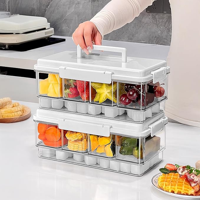 2Pack Chilled Condiment Caddy with 4 Containers 4 Lids Fruit Serving Tray Platter with Handle Portable Snackle Box Organizer Server with Ice Pack for Mimosa Bar Supplies,Salad,Taco,Party Garnish,White