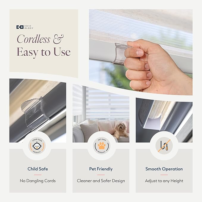 CHICOLOGY Zebra Blinds Cordless Window Shades, Dual Layer Light Filtering Roller Shades for Windows, Sheer Privacy Striped Fabric, Easy Install, 49"W x 72"H, Basic Natural