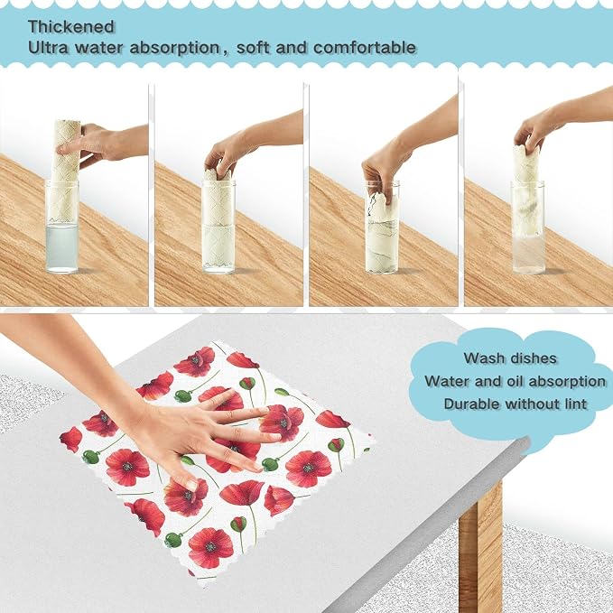 CaTaKu Red Poppy Cute Kitchen Dish Cloths for Washing Dishes Reusable Cleaning Cloth Dish Towels Microfiber Washcloths Dish Rags for Kitchen,6 Pack