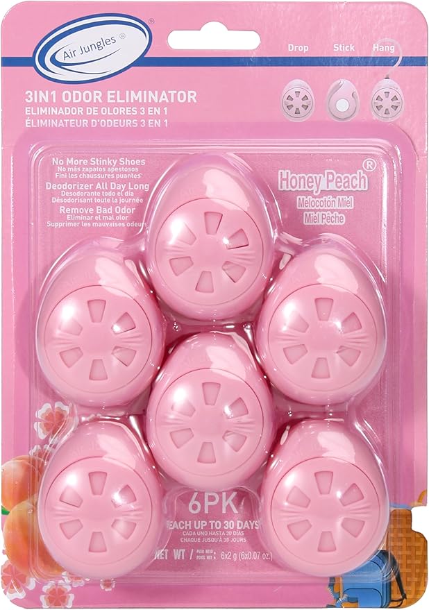 Air Jungles Honey Peach Scent Car Air Freshener Bundle – 3-in-1 Odor Eliminator Balls (6 Count), Vent Clip (3 Count), and Car Clip Pack (6 Count) – Long-Lasting Freshness for Cars, Closets, Gym Bags